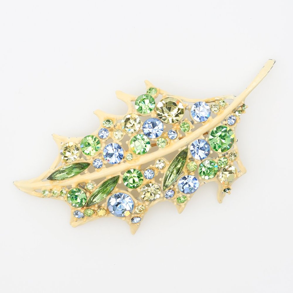 Vintage Cream Enamel and Blue Green & Yellow Pastel Rhinestone Leaf Brooch 1960s
